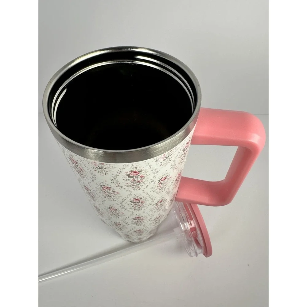 40oz Pink Floral Tumbler With Handle Straw Double Wall Stainless Steel Cup